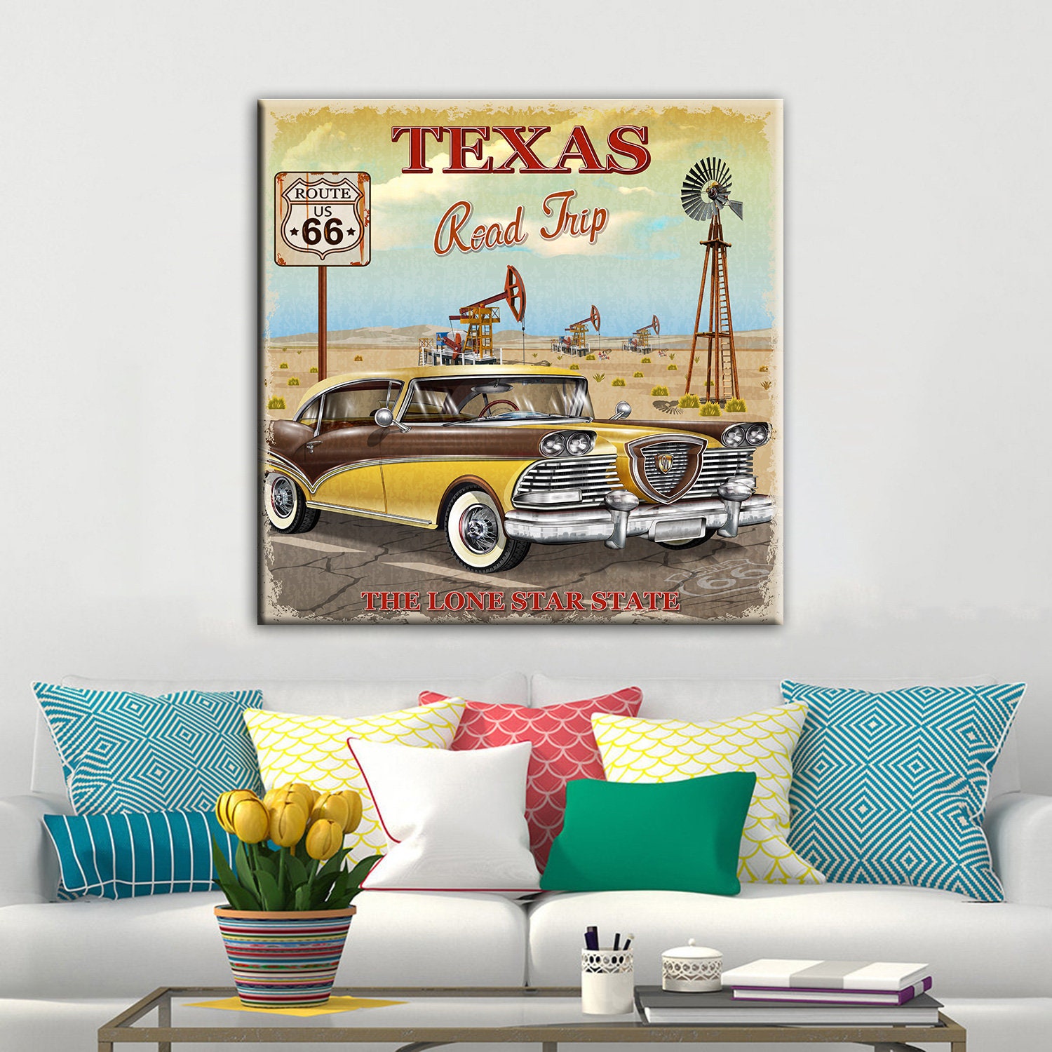 Texas Canvas Wall Art Texas Landscape Canvas Art Retro Car Etsy