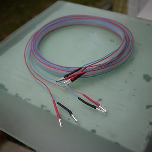 Pode incluir: Um comprimento enrolado de fio elétrico translúcido com fios internos vermelhos e azuis. As extremidades do fio terminam com clipes jacaré metálicos, cada um fixado com tubos termorretráteis pretos e vermelhos para isolamento.