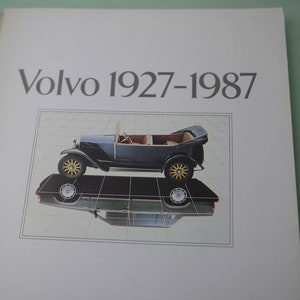 Puede incluir: Un anuncio vintage de Volvo con una ilustración de coche clásico. La imagen muestra un descapotable azul oscuro con ruedas amarillas, reflejado debajo. El texto "Volvo 1927-1987" se muestra en la parte superior de la página.