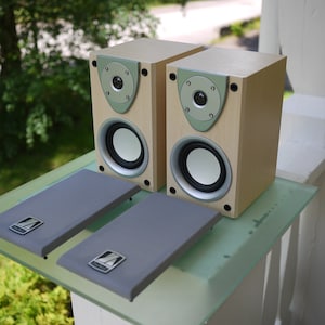 Puede incluir: Dos altavoces de madera con detalles en verde claro y plateado, y dos cubiertas grises. Los altavoces tienen un woofer blanco y un tweeter negro. Las cubiertas tienen un logotipo plateado.