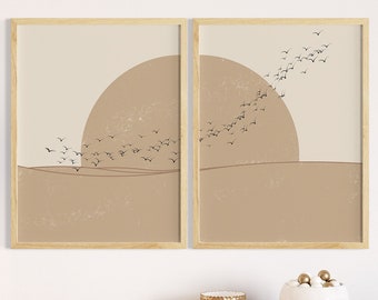 Vliegende vogels print, aardetint kunst aan de muur, Boho Sun print, neutrale moderne muurkunst, galerij muurset, Mid Century Modern, Boho Wall Decor