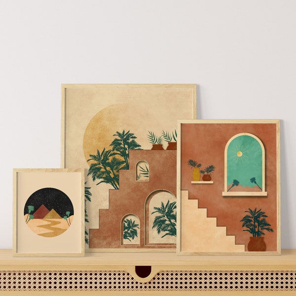 Moroccan Boho Architecture, Set of 3 Prints, Orange, Yellow Bohemian Wall Art, Desert Night Art Print, Boho Desert Artwork, Digital Download
