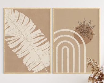 Mid Century Modern, Set of 2 Prints, Botanical Leaf Print, Boho Wall Art, Earth Tone Prints, Digital Download, Floral Art Print, Boho Prints