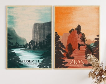 National Park Art Prints Set of 2, Mid Century Modern, National Park Poster, Boho Prints, Digital Prints, Yosemite, Zion, Gallery Wall Set