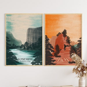 National Park Art Prints Set of 2, Mid Century Modern, National Park Poster, Boho Prints, Digital Prints, Yosemite, Zion, Gallery Wall Set