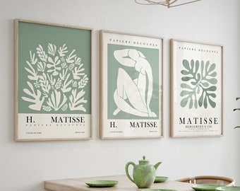 Sage Green Matisse, Set of 3 Prints, Green Floral Prints, Matisse Cut Out, Exhibition Poster, Matisse Flower Print, Botanical Wall Art