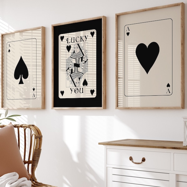 Retro Trendy Wall Art Set, Lucky You Poster, Queens of Heart, Black Ace Card Poster, Bright Art Prints, Instant Download, Set of 3 Prints