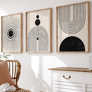 Mid Century Modern, Set of 3 Prints, Black and White Gallery Wall Art, Sun Prints, Abstract Geometric Print, Boho Rainbow Poster, Digital