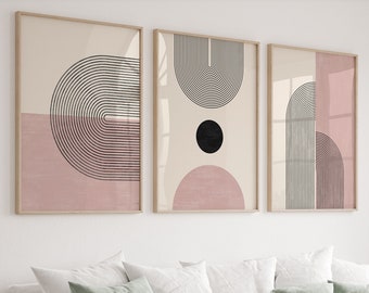 Light Pink Abstract Poster Set, Set of 3 Prints, Boho Rainbow Prints, Geometric Room Decor, Downloadable Prints, Cute Decor Gallery