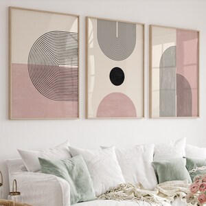 Ljusrosa abstrakta posterset, set med 3 tryck, bohemiska regnbågstryck, geometrisk rumsdekor, nedladdningsbara tryck, söt dekorgalleri bild 2