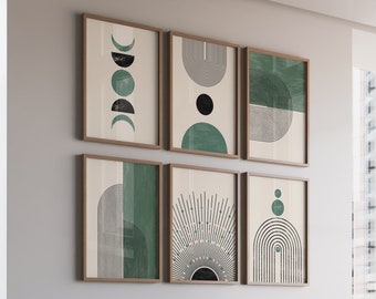 Sage Green Boho Abstract Apartment Wall Art, Set of 6 Minimal Geometric Prints, Scandi Home Decor, Instant Download, Cozy Art Print Bundle