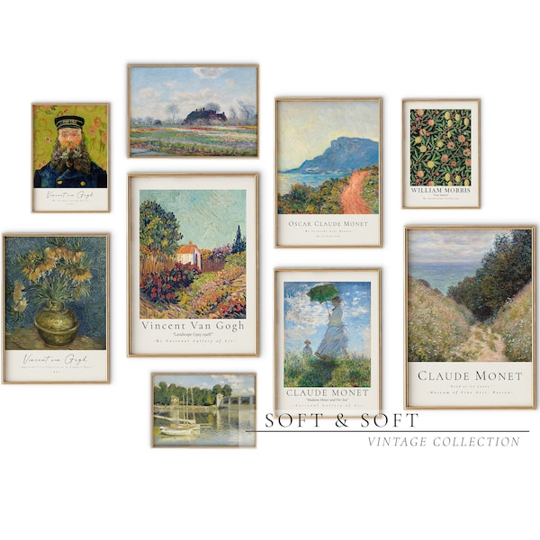 Vintage Wandkunst, Vintage Druck-Set, Ölgemälde Drucke, berühmte Kunstdrucke, Antike Wandkunst, Van Gogh, Monet Drucke, William Morris Druck