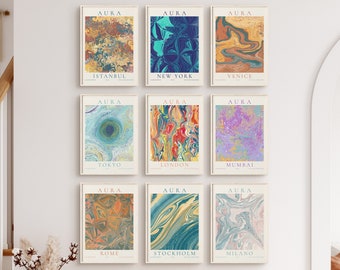 Aura Gradient Poster Set of 9 Prints, City Travel Wall Art, Gallery Wall Set, Retro Energy Prints, New York, London, Tokyo, Istanbul Posters