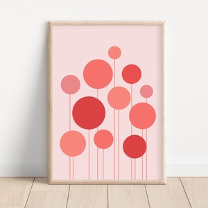 May include: Abstract art print with a pink background and a cluster of overlapping red and pink circles connected by thin lines.