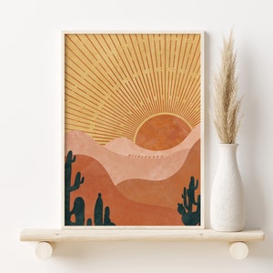 Terracotta Sun Hill Wall Art Print, Mid CentUry Abstract Sun, Desert, Minimal Wall Art, Boho Landscape Decor Line Sunset Digital Download