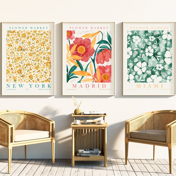 Flower Market Poster, Set of 3, Miami Prints, Madrid Prints, New York Prints, Floral Wall Set, Botanical Art Prints, Colorful Room Decor