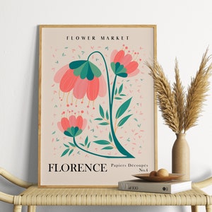 Peut inclure: Une impression encadr&eacute;e avec une illustration florale rose et verte. L'impression porte le texte "FLOWER MARKET" et "FLORENCE Papiers D&eacute;coup&eacute;s No.4" en haut et en bas.