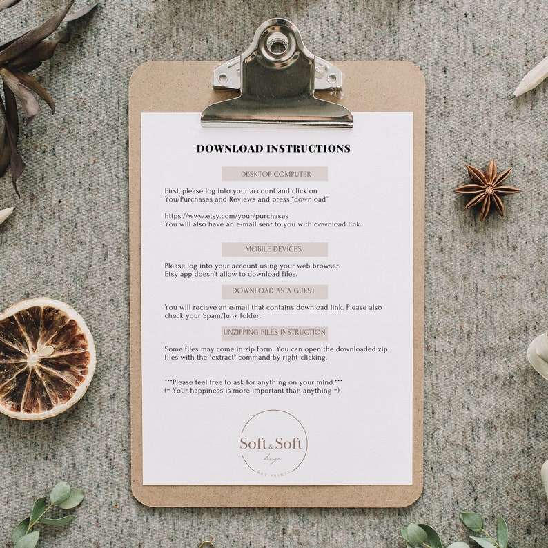 Peut inclure: Une feuille de papier blanche avec du texte noir d&eacute;crivant les instructions de t&eacute;l&eacute;chargement pour les produits num&eacute;riques achet&eacute;s sur Etsy. Le texte comprend des instructions pour le t&eacute;l&eacute;chargement sur un ordinateur de bureau, un appareil mobile et en tant qu'invit&eacute;. Le texte comprend &eacute;galement des instructions pour d&eacute;compresser les fichiers. Le papier est sur un presse-papiers brun avec un clip argent&eacute;.