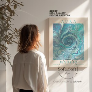 Blue Aura Gradient Poster, Madrid City Travel Print, Retro Wall Art, Spiritual Art Print, 70s Wall Decor, Digital Download, Energy Poster