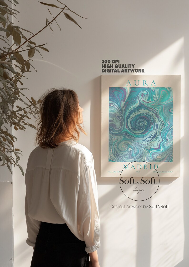 Blue Aura Gradient Poster, Madrid City Travel Print, Retro Wall Art, Spiritual Art Print, 70s Wall Decor, Digital Download, Energy Poster