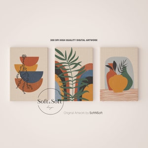 Puede incluir: Tres impresiones de arte abstracto con un estilo minimalista moderno. La primera impresión presenta una pila de cuencos coloridos con una planta colgante. La segunda impresión presenta una hoja de palma verde con un fondo de arcoíris. La tercera impresión presenta un jarrón con una flor amarilla y una hoja verde.