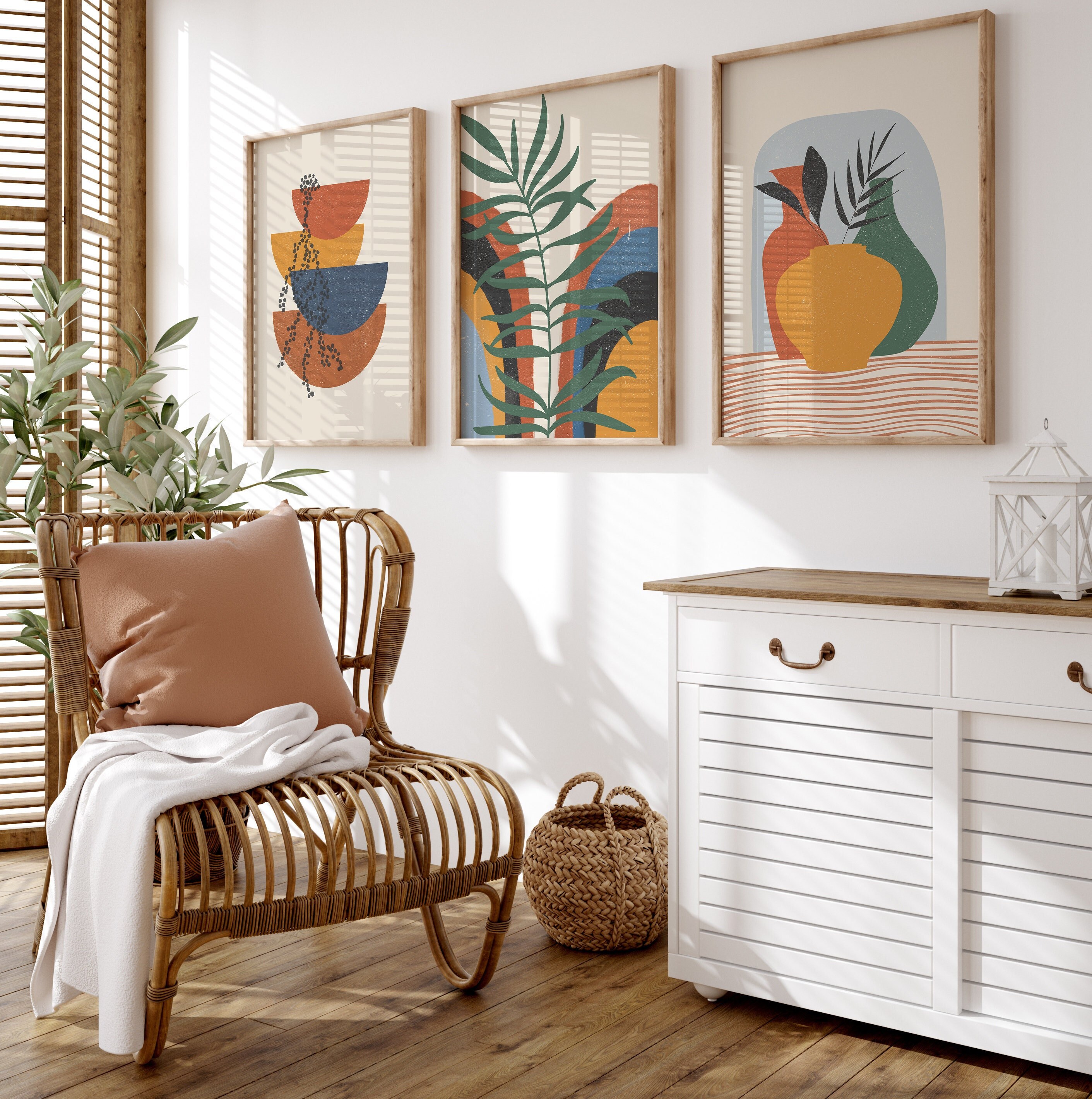 Mid Century Modern Boho Wall Art, Orange Green Abstract