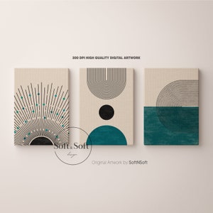 Mid Century Art Prints Set of 3, Neutral Modern Wall Art Decor, Digital Download, Boho Style Art Prints, Blue, Black Rainbow Printables