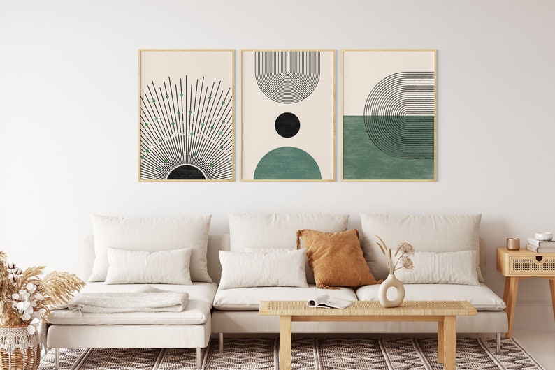 Mid Century Modern Art Print, Set of 3, Neutral Modern Wall Art, Digital Download, Boho Art Prints, Green, Black Rainbow Printables image 5