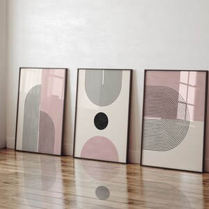 Light Pink Abstract Poster Set, Set of 3 Prints, Boho Rainbow Prints, Geometric Room Decor, Downloadable Prints, Cute Decor Gallery