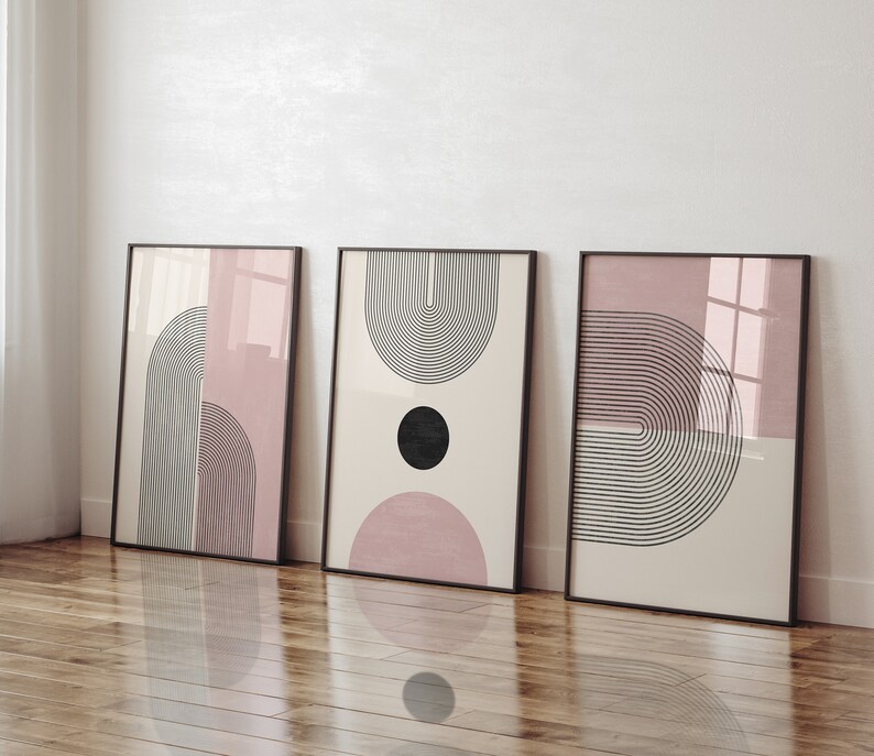 Light Pink Abstract Poster Set, Set of 3 Prints, Boho Rainbow Prints, Geometric Room Decor, Downloadable Prints, Cute Decor Gallery