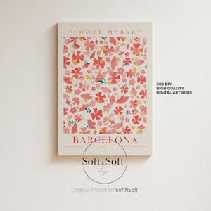 Impression d&#39;art de Barcelone, impression du marché aux fleurs, affiche florale rose, oeuvre d&#39;art de fleurs de Matisse, art mural neutre, impression rétro, affiche vintage