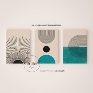 Mid Century Art Prints Set of 3, Neutral Modern Wall Art Decor, Digital Download, Boho Style Art Prints, Turqouise, Black Rainbow Printables
