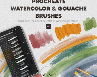 Procreate Watercolor & Gouache Brush Set, 88 Brush Strokes, Realistic Ipad Painting Kit, 50 Color Palettes, 9 Digital Download Canvas Papers