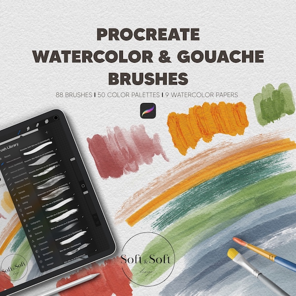 Procreate Watercolor & Gouache Brush Set, 88 Brush Strokes, Realistic Ipad Painting Kit, 50 Color Palettes, 9 Digital Download Canvas Papers