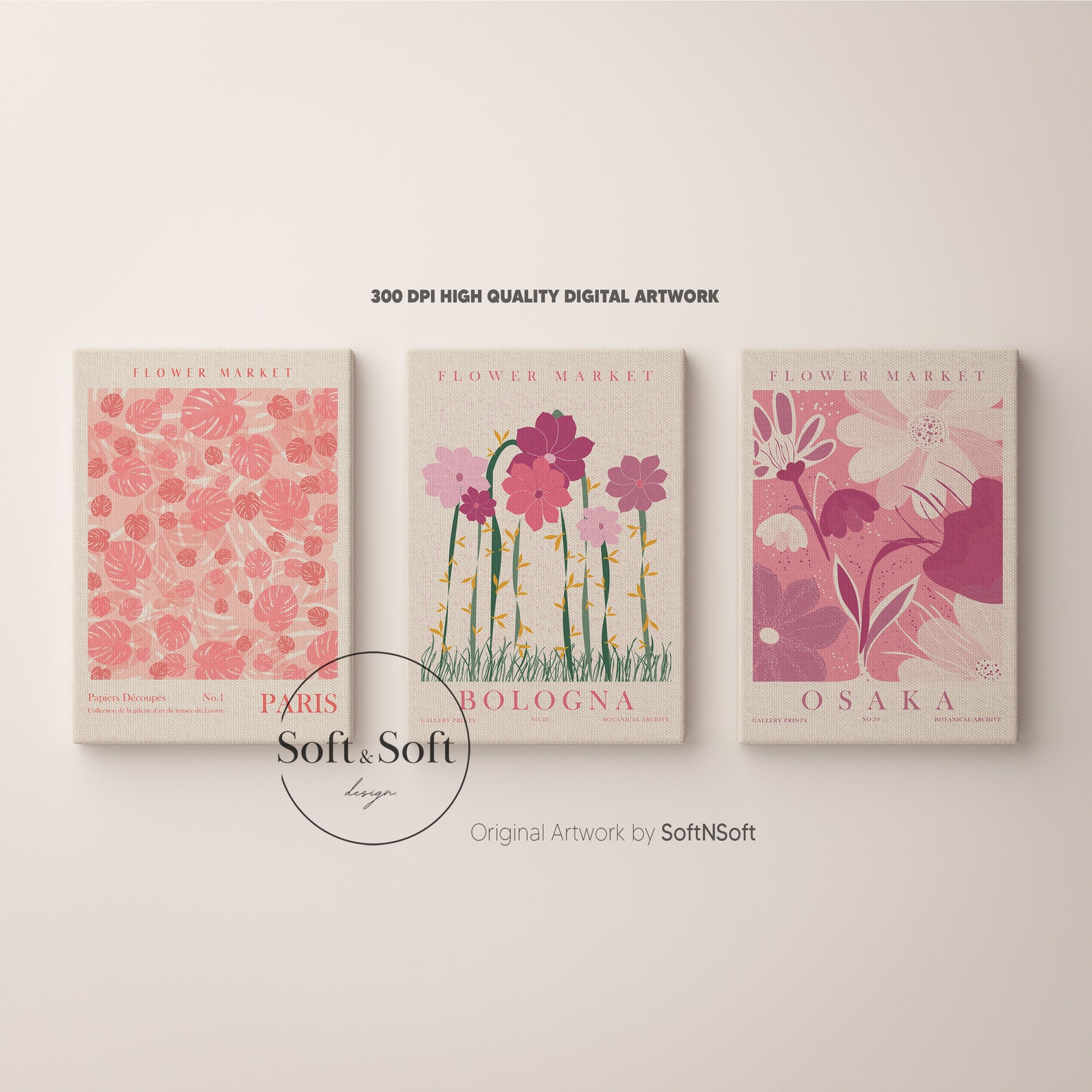 Pink Flower Wall Art Set, Flower Market Prints, Set of 3 Posters ...