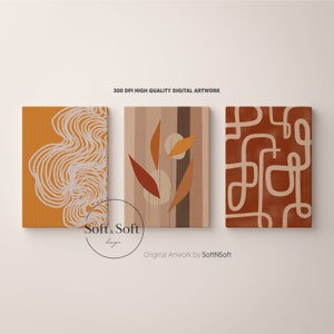 Bohemian Abstract Wall Art, Set of 3 Posters, Orange Yellow Boho Home Decor, Floral Living Room Art, Japandi Decor Prints, Digital Download