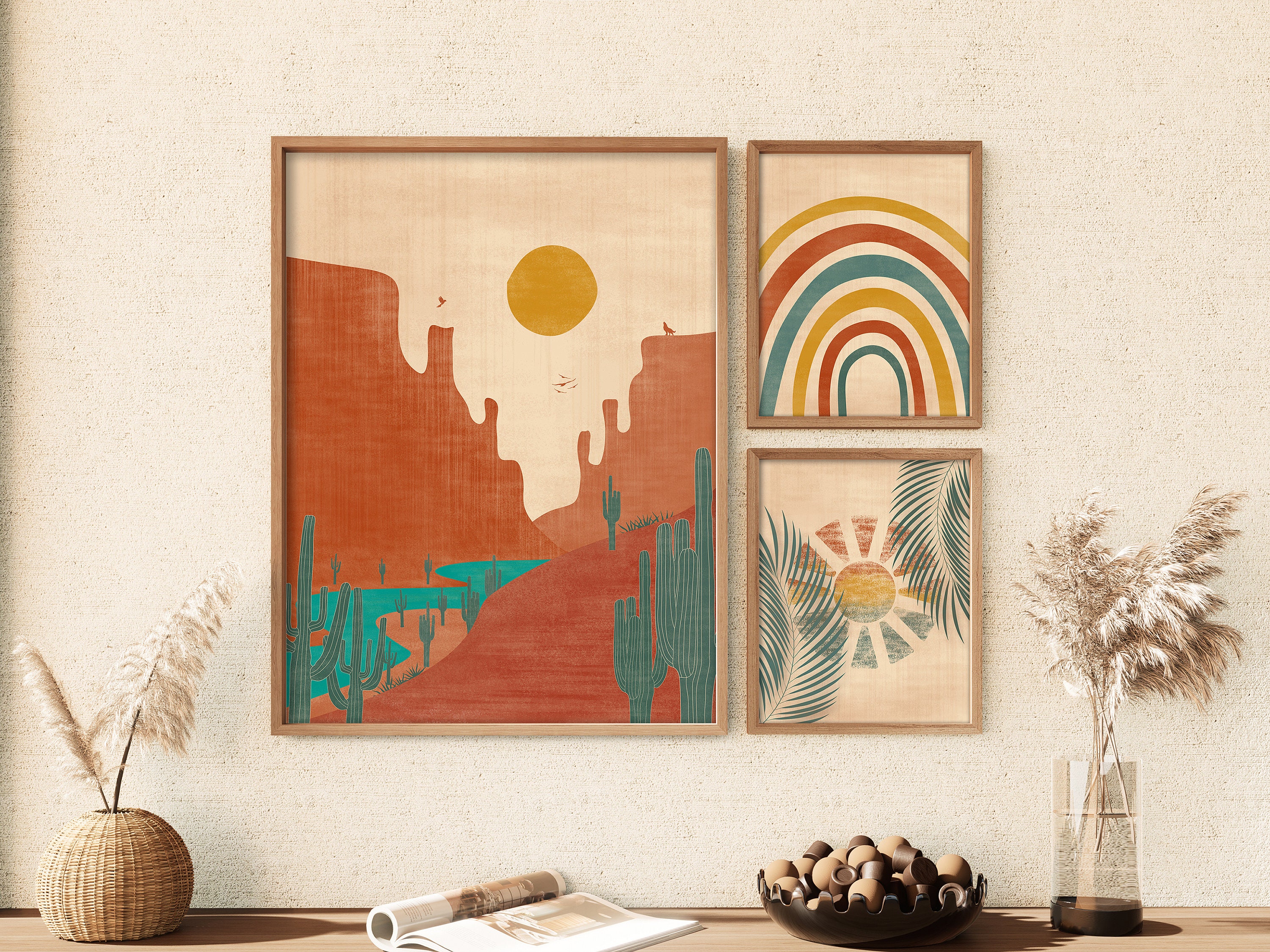 Artwork, Home Wall Minimalist Set Decor, Landscape Abstract 3, Art Etsy Desert Prints Colorful Print Digital - Poster, Geometric of Rainbows, Boho