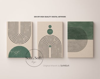 Boho Sage Green Wall Art, Abstract Geometric Modern Home Decor Prints, 3 Pieces of Boho Chic Posters, Minimalist Apartment Wall Art Set