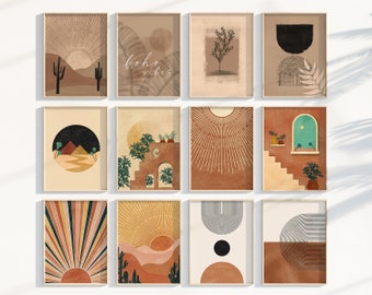 Puede incluir: Conjunto de 12 impresiones de arte minimalistas con un tema boho. Las impresiones presentan formas geométricas, rayos de sol, cactus y paisajes desérticos en tonos cálidos de marrón, naranja y beige.