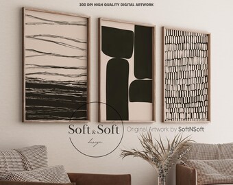 Black & Beige Abstract Wall Art Set, 3 Pieces of Boho Japandi Art Prints, Abstract Geometric Wall Art, Modern Home Decor, Digital Artwork