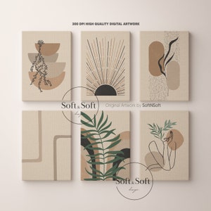 Puede incluir: Conjunto de cinco impresiones de arte digital que presentan formas abstractas, líneas y follaje en un estilo minimalista con una paleta de colores neutros beige, marrón, negro y verde. El texto "Soft & Soft" aparece en dos de las impresiones.