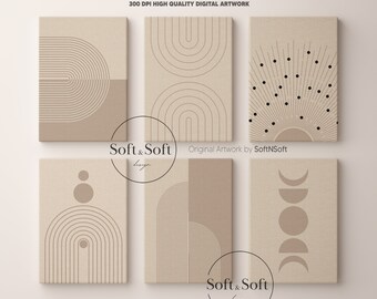 Boho Abstract Set of 6 Wall Art, Beige Geometric Apartment Wall Decor Prints, Digital Download Modern Poster Set, Neutral Bohemian Prints