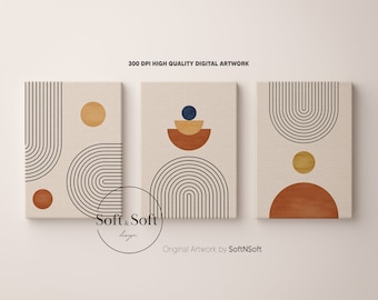 Mid Century Art Prints Set of 3, Printable Boho Art, Wall Decor, Minimalist Digital Prints, Boho Colors Art Prints, Modern Wall Art
