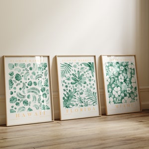Tropical Flower Wall Art Set, Green Floral Wall Decor, Summer Art ...
