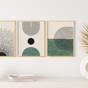 Mid Century Art Prints Set of 3, Neutral Modern Wall Art Decor, Digital Download, Boho Style Art Prints, Green, Black Rainbows Printables