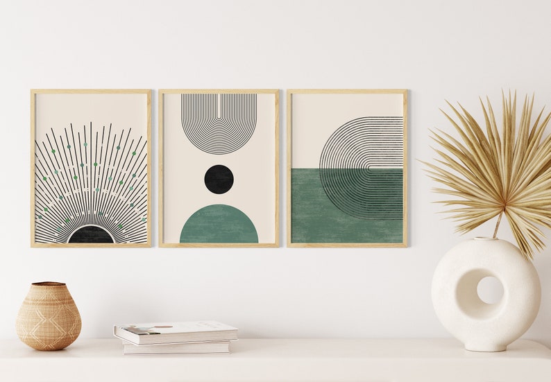 Mid Century Art Prints Set of 3, Neutral Modern Wall Art Decor, Digital Download, Boho Style Art Prints, Green, Black Rainbows Printables