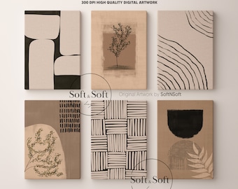 Beige & Black Abstract Boho Wall Decor, Set of 6 Prints, Bohemian Apartment Wall Art, Cozy Digital Art Poster Set, Scandi Wall Art