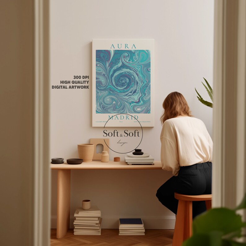 Blue Aura Gradient Poster, Madrid City Travel Print, Retro Wall Art, Spiritual Art Print, 70s Wall Decor, Digital Download, Energy Poster