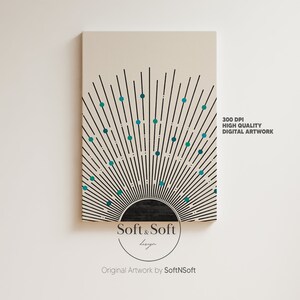 May include: Abstract canvas art print featuring a sunburst design with black lines and teal dots against a beige background. The artwork includes the text "300 DPI HIGH QUALITY DIGITAL ARTWORK" and the logo "Soft & Soft design".