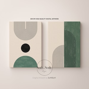 Mid Century Modern, Set of 2 Prints, Abstract Geometric, Green Rainbow Prints, Neutral Modern Print, Boho Home Decor, Digital Prints, Poster